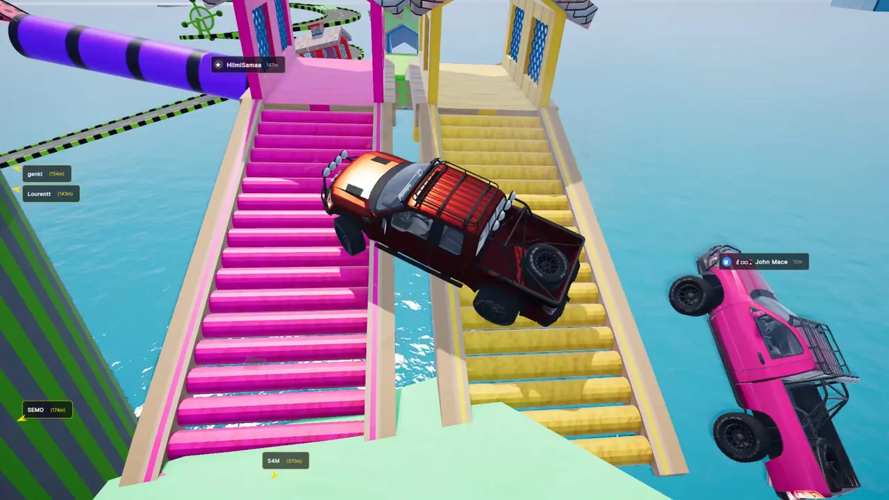 Cars crashing on a staircase